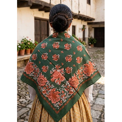 Pañuelo Estampado de Algodón – Reproducción Histórica Siglo XIX (120 cm) Mod moncayo verde botella 