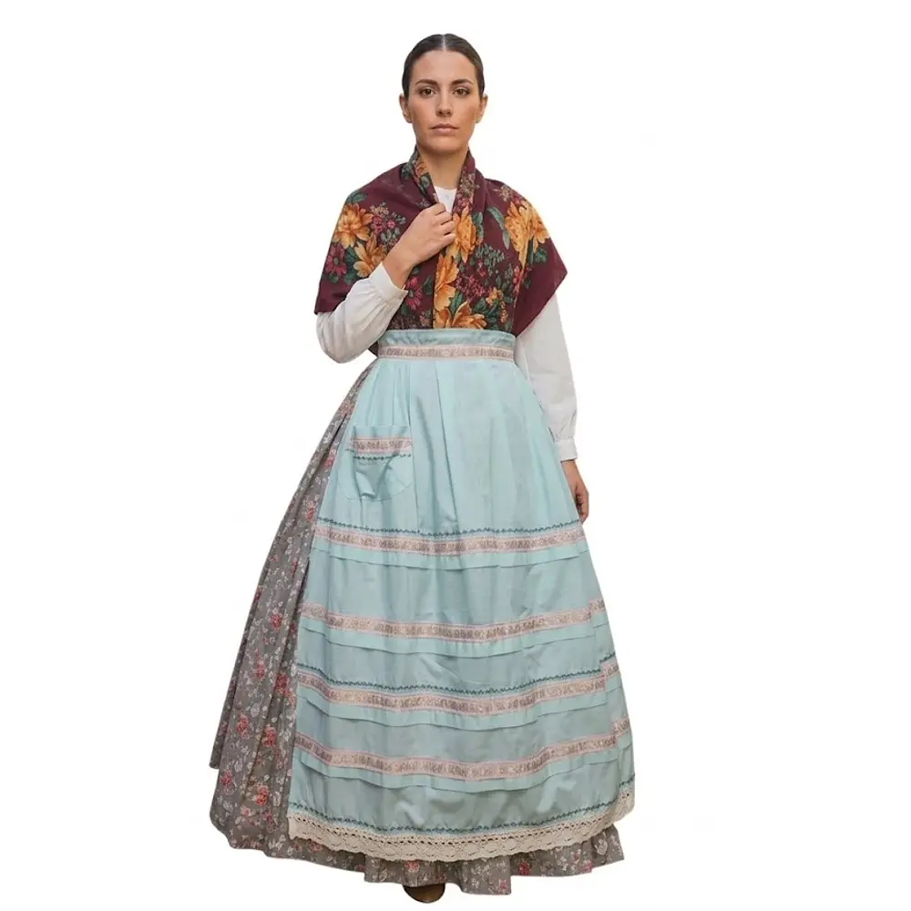 Traje baturra regional 3 piezas T 36/38 Mod Gris – Falda algodón estampada, pañoleta 110 cm y delantal artesanal
