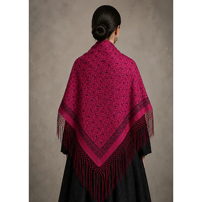 Mantón Adamascado Tradicional 125x125 cm – Estilo Siglo XIX con Flecos