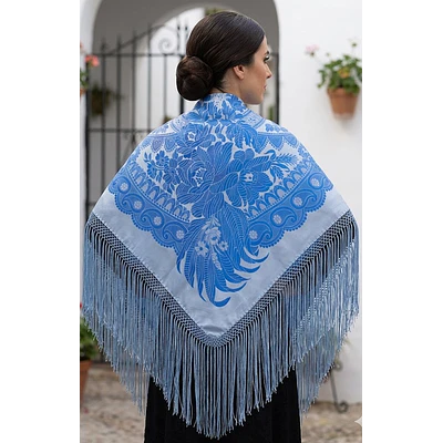 Pañuelo Mantón Regional de Seda y Rayón con Flecos – Reproducción de Diseño Antiguo