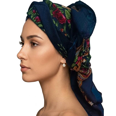 Pañuelo de Cabeza Azul con Rosas  Complemento Tradicional 80x80 cm