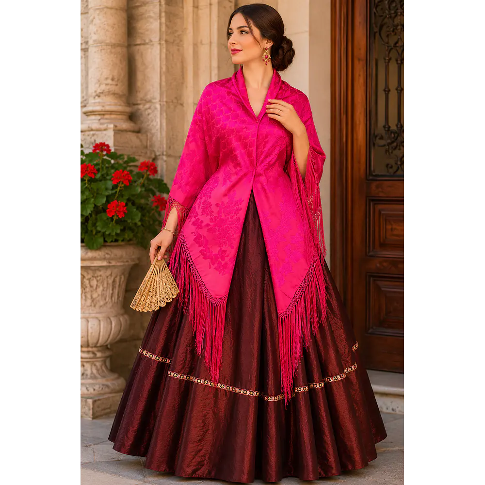 Conjunto Regional Falda Cereza y Mantón Fucsia |Indumentaria Baturra y Aragonesa