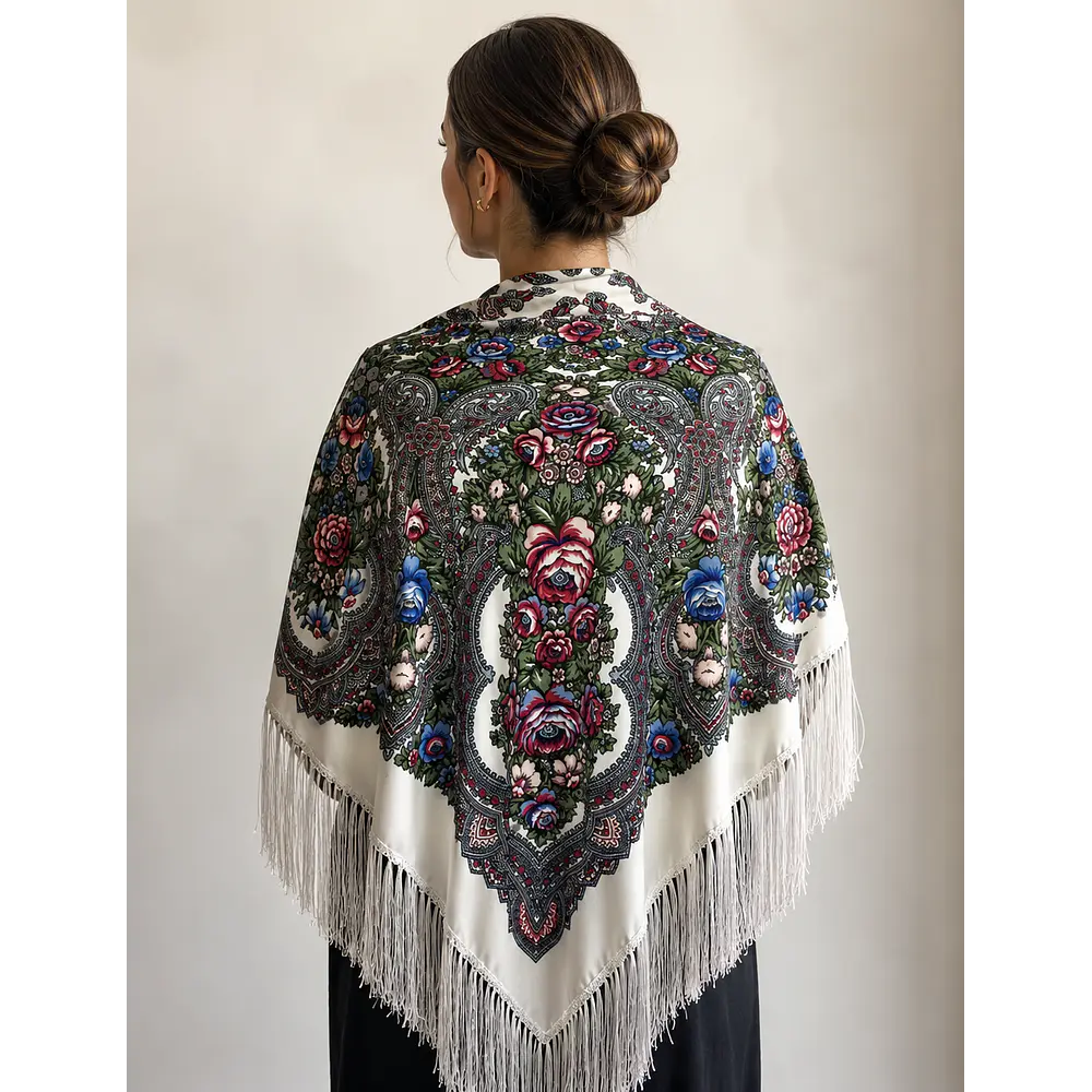 Pañuelo o Mantón Regional Tradicional 135x135 cm Blanco con Flecos Mod Selena