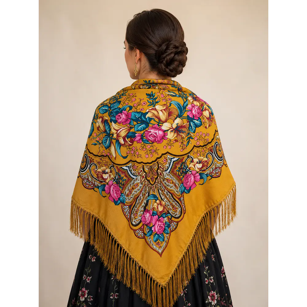 Pañuelo Regional Mostaza 140x140 cm con Flecos |Mantón Tradicional para Traje Típico Mod Zaragoza