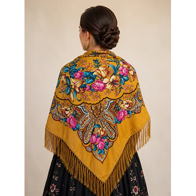Pañuelo Regional Mostaza 140x140 cm con Flecos |Mantón Tradicional para Traje Típico Mod Zaragoza