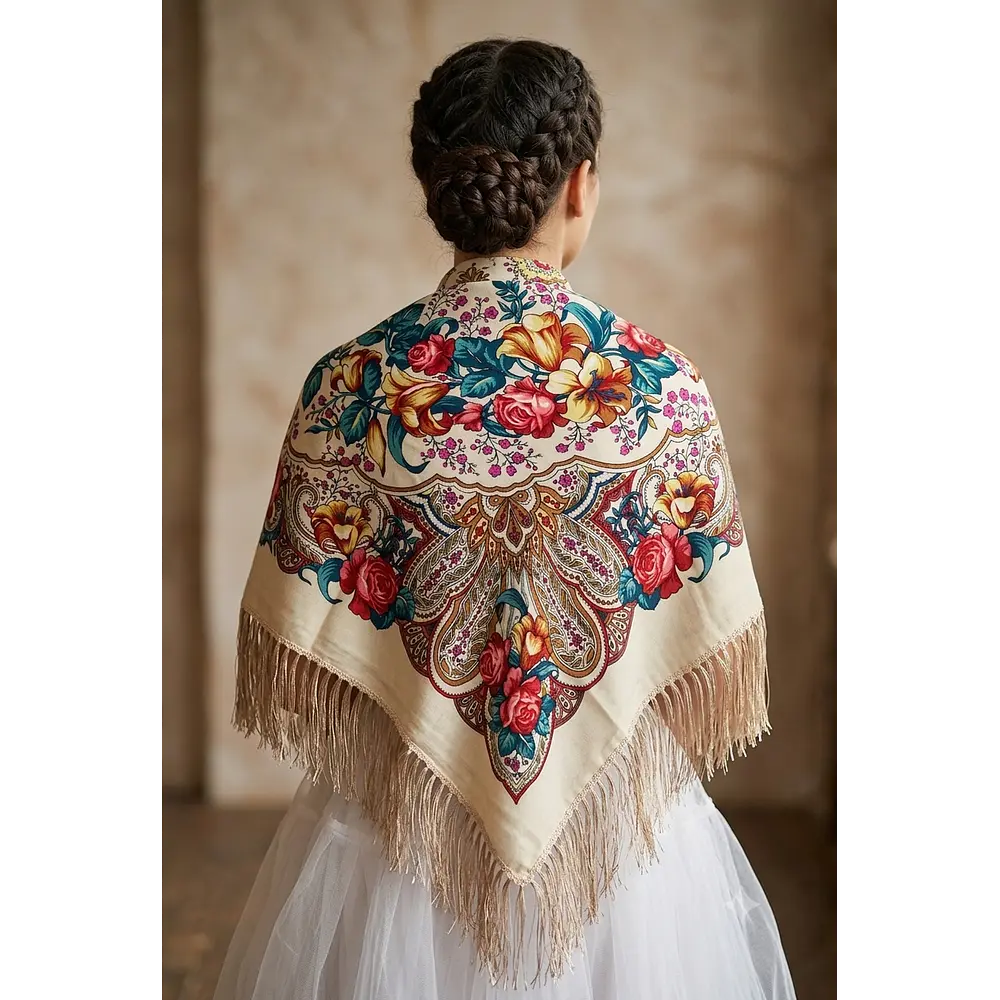 Pañuelo Regional Beige 140x140 cm | Mantón Tradicional para Traje TípicoMod . Huesca
