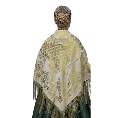 Mantón Regional Adamascado Verde  Gran Tamaño 140x140 cm