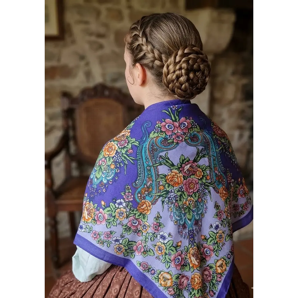 Mantón Regional Estampado Morado y Naranja | 110 cm  Alta Calidad