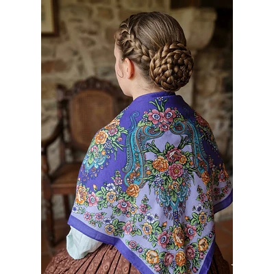 Mantón Regional Estampado Morado y Naranja | 110 cm  Alta Calidad