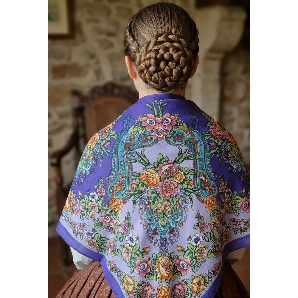 Mantón Regional Estampado Morado y Naranja | 110 cm  Alta Calidad