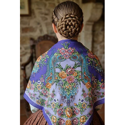 Mantón Regional Estampado Morado y Naranja | 110 cm  Alta Calidad