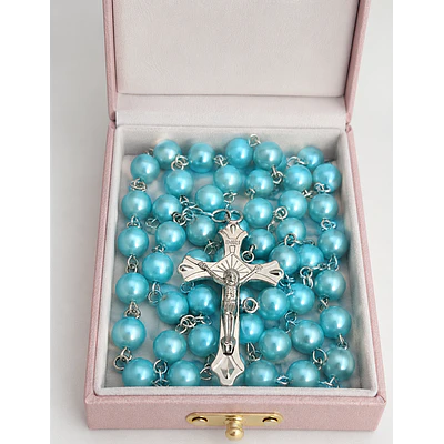 Rosario Azul de Cuentas con Caja de Regalo  Religioso y Folklórico