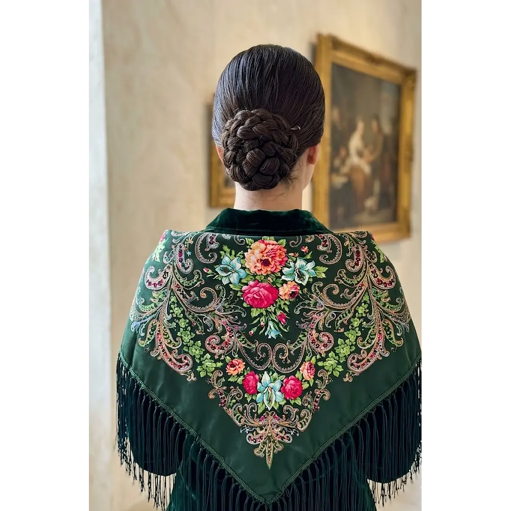 Mantón Regional Verde 90x90cm Ideal para Traje Aragonés y Huertano