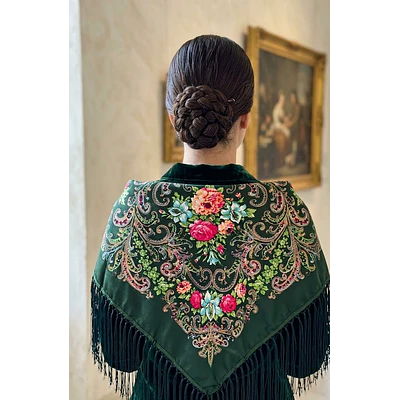 Mantón Regional Verde 90x90cm Ideal para Traje Aragonés y Huertano