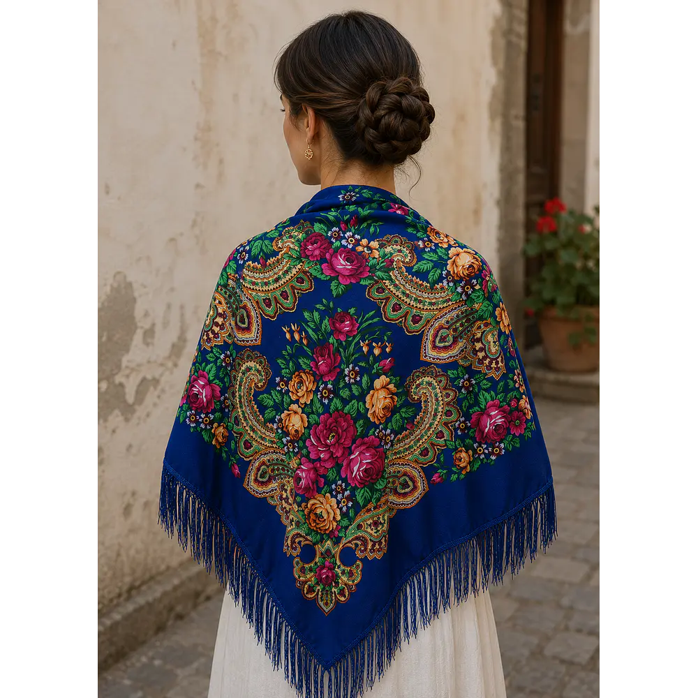 Mantón regional floral azul con flecos para traje baturro y folklórico