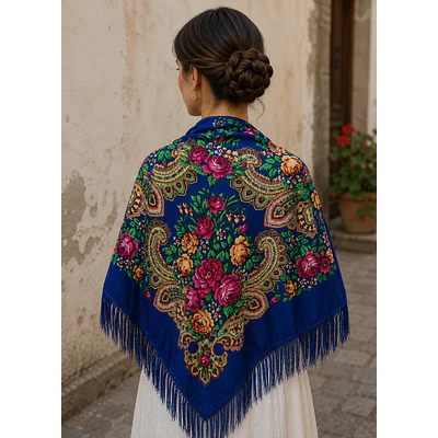 Mantón regional floral azul con flecos para traje baturro y folklórico