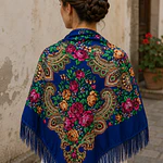 Mantón regional floral azul con flecos para traje baturro y folklórico