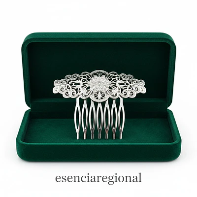 Peineta de plata para moño regional con diseño floral | Accesorio tradicional elegante