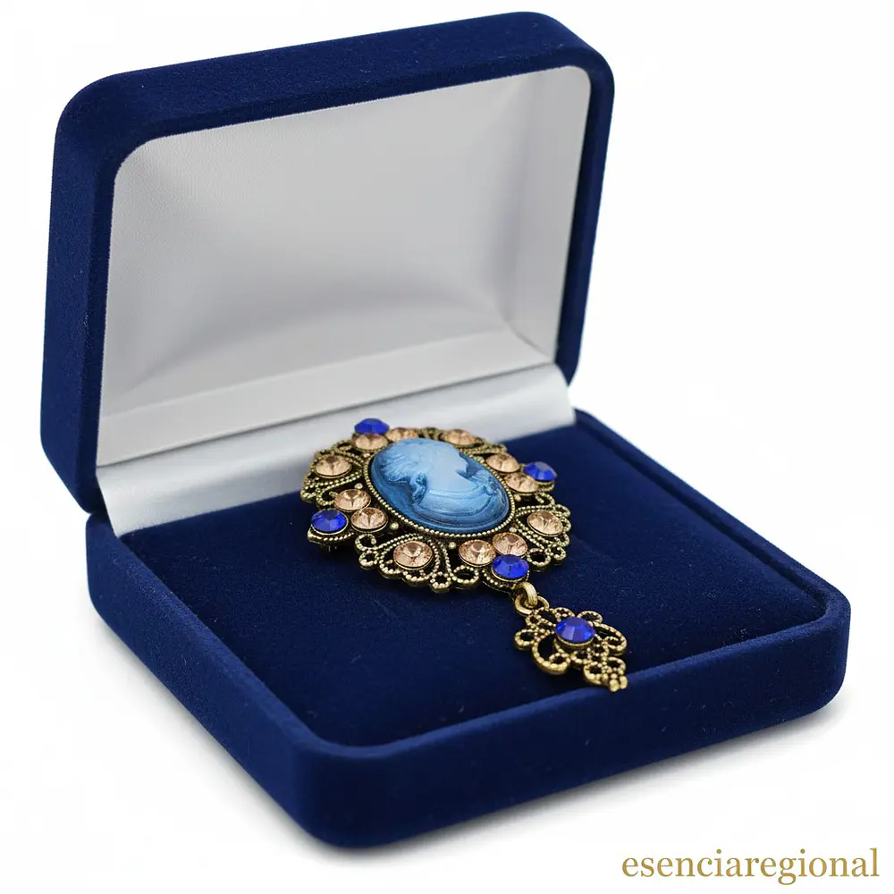 Camafeo dorado con piedras azules para indumentaria regional y elegante