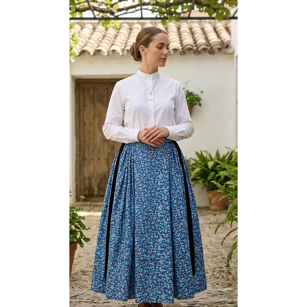 Falda Regional Azul de Algodón con 5,60m de Vuelo  Talla Ajustable 34-36