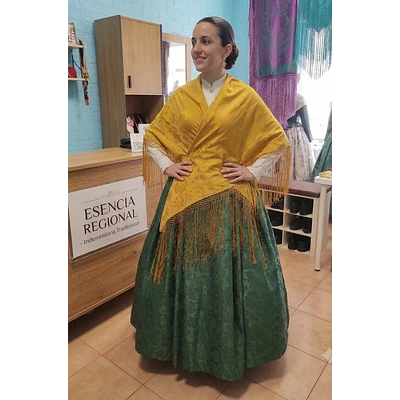 Conjunto Regional Artesanal Falda 5m Vuelo y Mantón Mostaza T 34/36 Esencia Regional