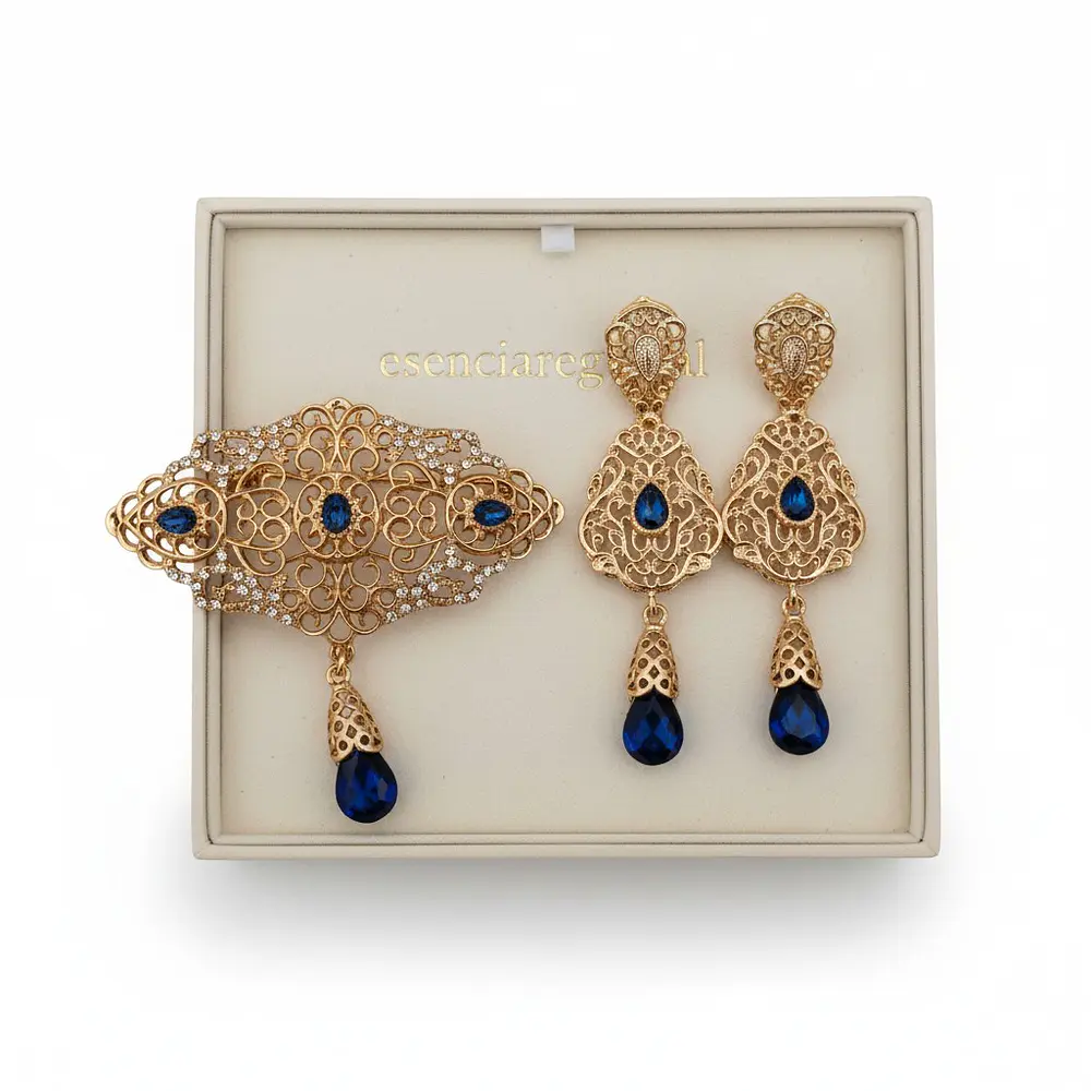 Conjunto de Pendientes y Broche Regional Dorado con Piedra Azul  joyería Artesanal para Traje de Baturra, Huertana y Fallera