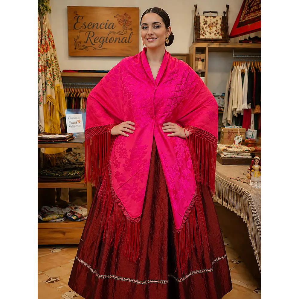 Mantón Regional Rosa Fucsia de Rayón Poliéster 140x140 cm con Fleco  Última Unidad