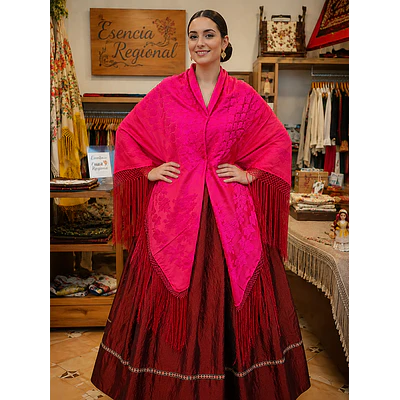 Mantón Regional Rosa Fucsia de Rayón Poliéster 140x140 cm con Fleco  Última Unidad
