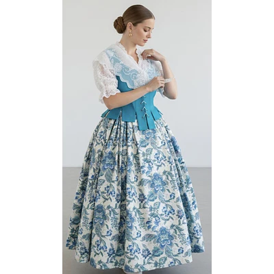 Conjunto Regional de Tres Piezas con Falda, Justillo, Chaleco y Pico de Hombros Bobiné Turquesa Talla 42-44