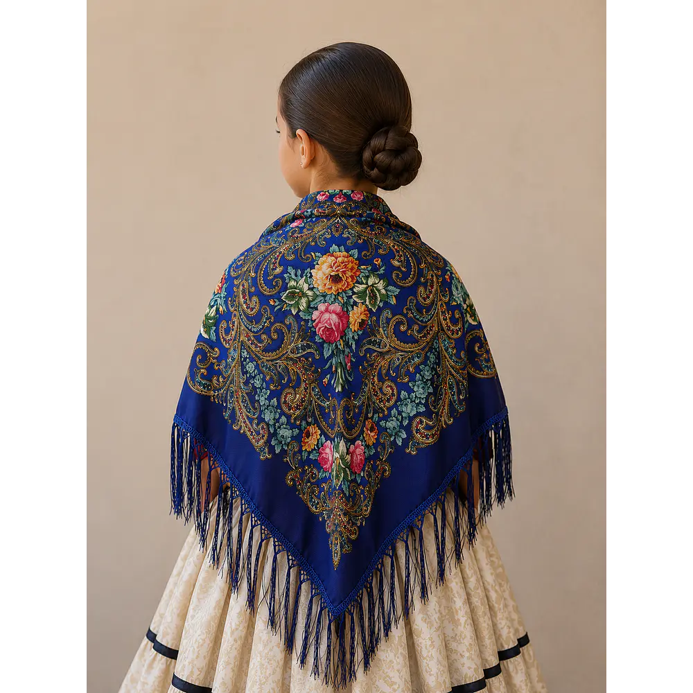 Mantón Regional CERDEÑA Azul 90x90 cm |Mantón para Indumentaria Aragonesa, Huertana y Tradicional