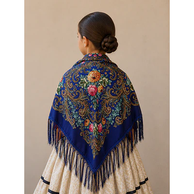 Mantón Regional CERDEÑA Azul 90x90 cm |Mantón para Indumentaria Aragonesa, Huertana y Tradicional