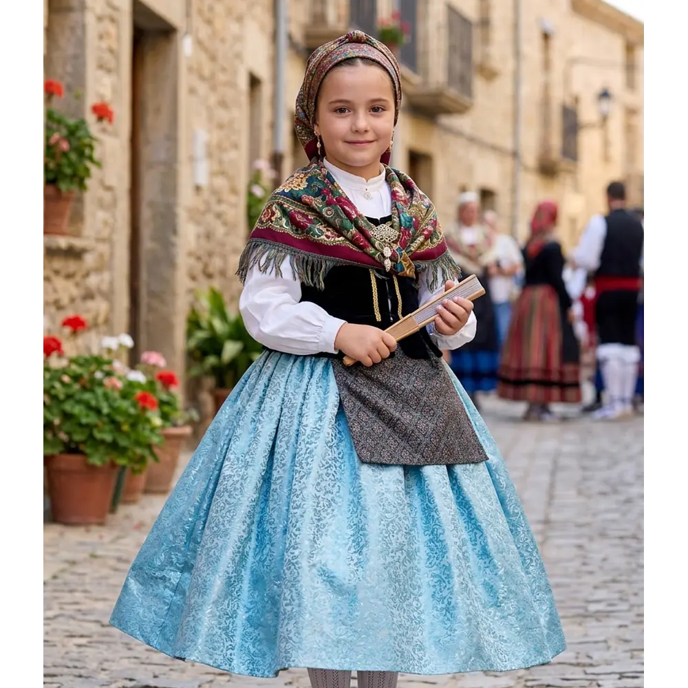 Falda Regional Infantil Adamascada Celeste (Largo 50 cm)