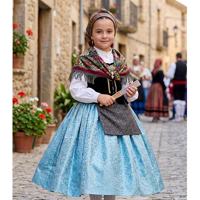 Falda Regional Infantil Adamascada Celeste (Largo 50 cm)