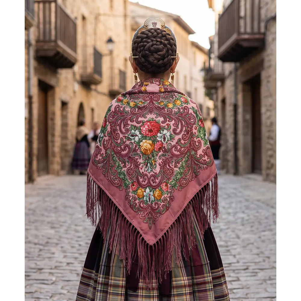 Pañuelo Regional Mod. EROSMI | Mantón Floral con Flecos