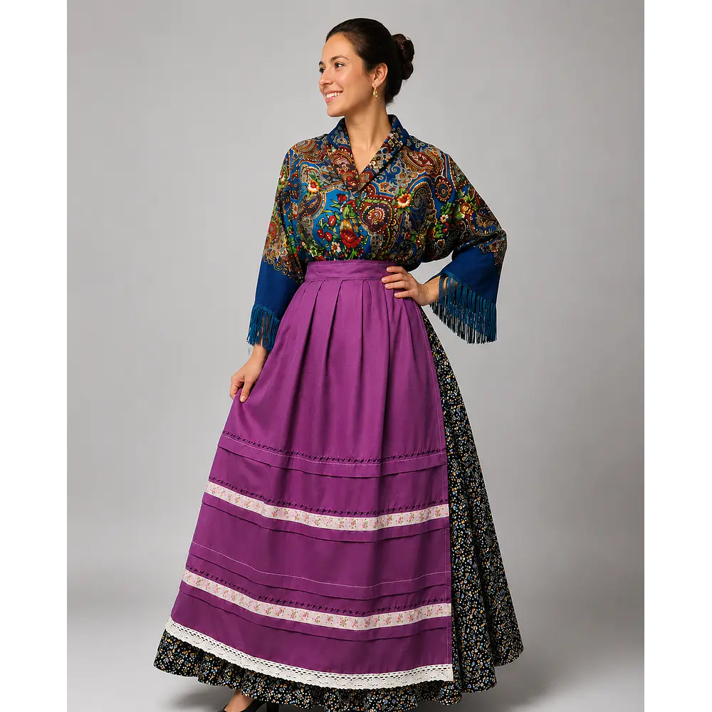 Conjunto regional aragonés de tres piezas talla 48-50 con mantón turquesa
