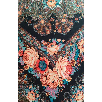 Pañuelo de Baturra Fondo Negro con Flores y Cachemir (110x110 cm)