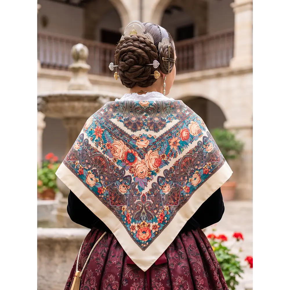 Pañuelo de Baturra Fondo Crema con Flores y Cachemir (110x110 cm)