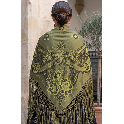 Mantón Regional Tradicional 140x140 cm en Seda y Algodón con Flecos