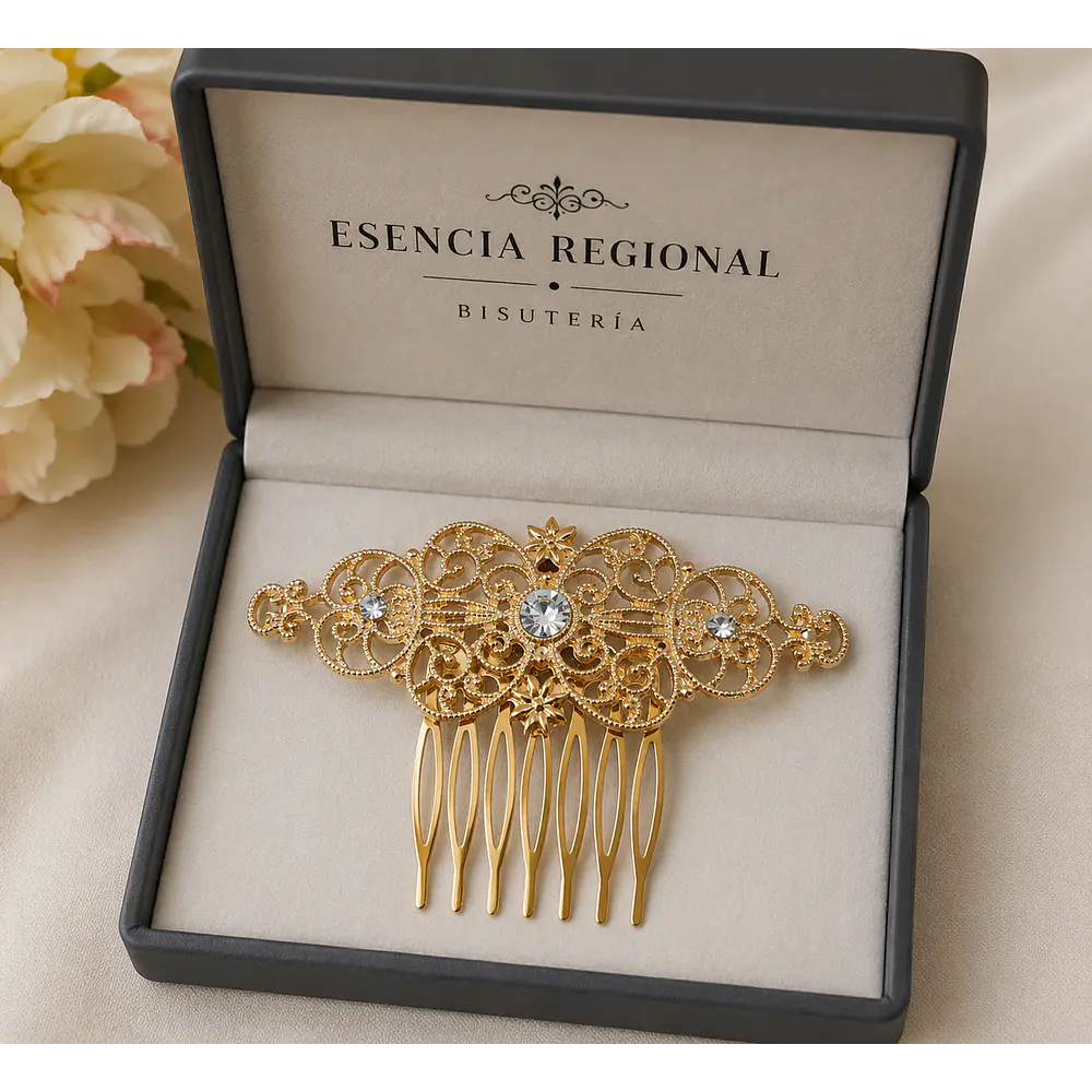 Peineta Dorada Artesanal: Elegancia para tu Traje Regional rosado