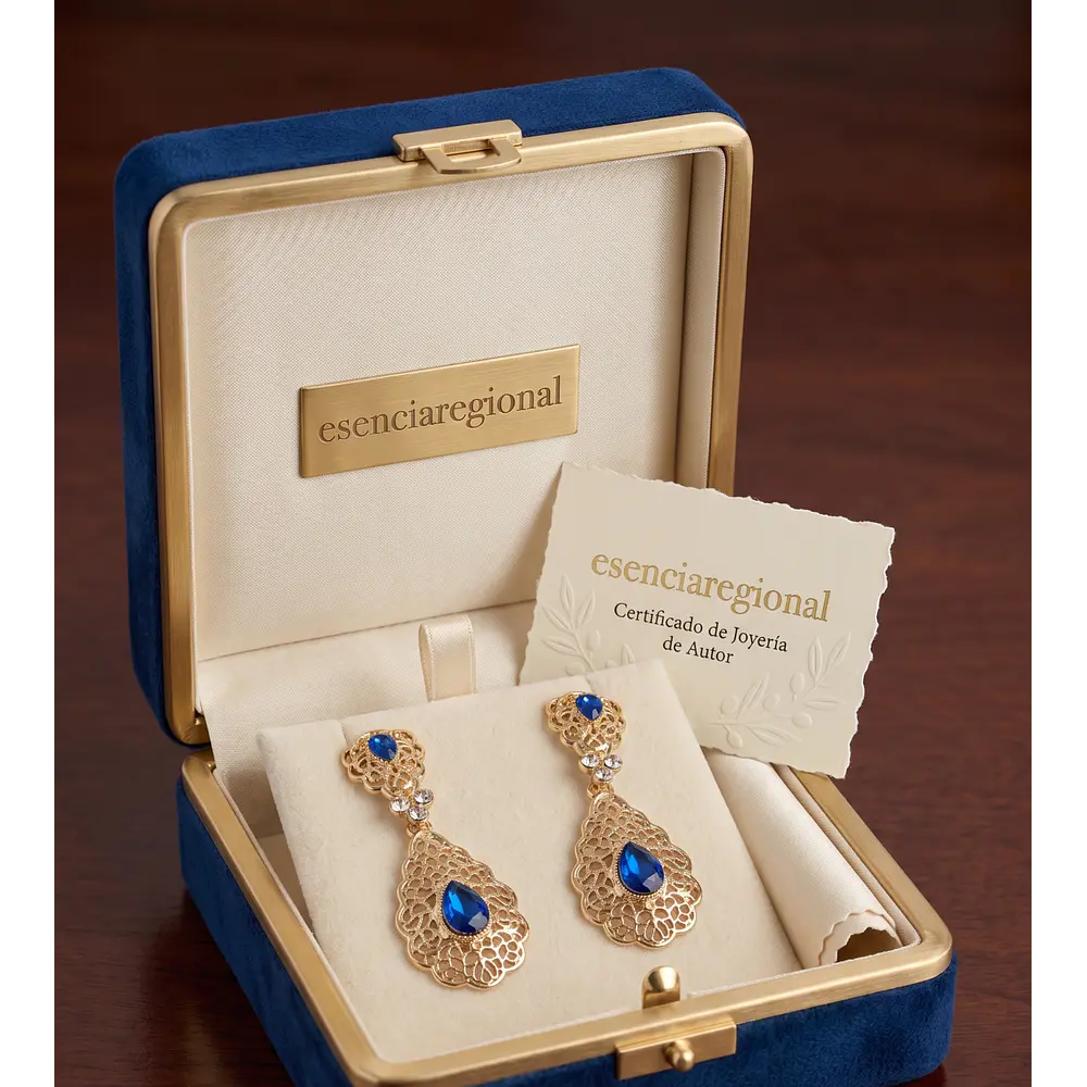 Pendientes de Baturra Dorados con Piedra Azul y Cierre Omega 