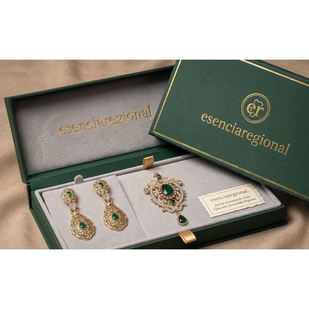 Conjunto Aderezo de Baturra Dorado con Piedras Verdes (Pendientes y Broche)