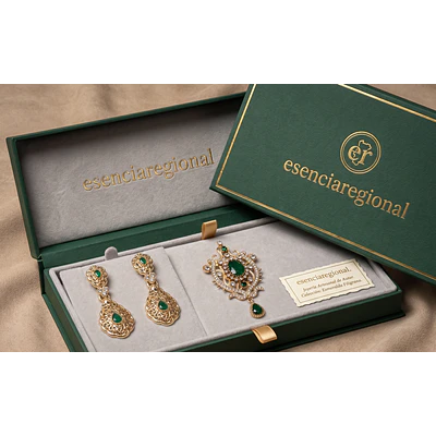 Conjunto Aderezo de Baturra Dorado con Piedras Verdes (Pendientes y Broche)