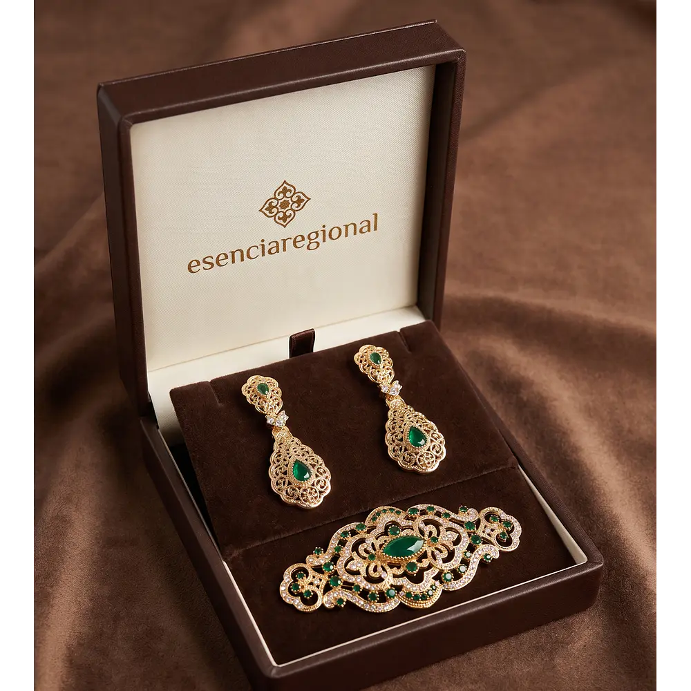 Conjunto Aderezo de Baturra Verde Esmeralda con Broche Alargado