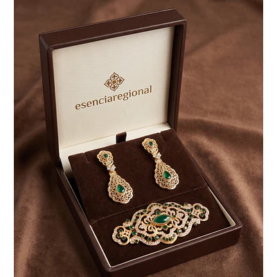 Conjunto Aderezo de Baturra Verde Esmeralda con Broche Alargado