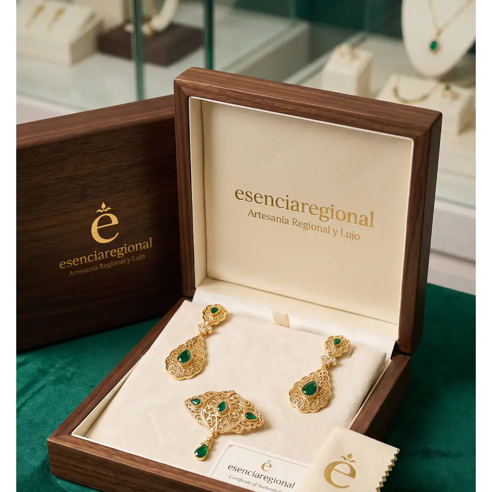 Conjunto Aderezo de Baturra Verde Esmeralda con Broche Abanico