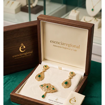 Conjunto Aderezo de Baturra Verde Esmeralda con Broche Abanico