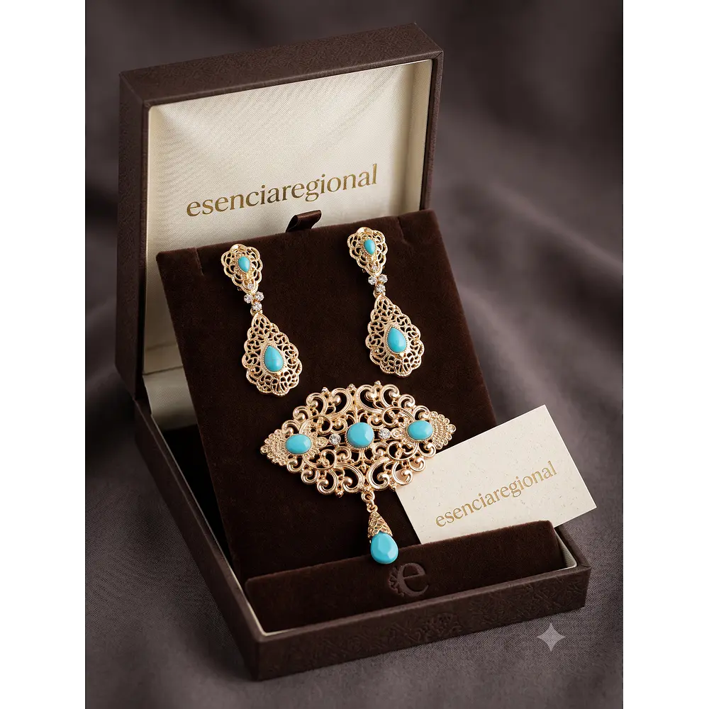 Conjunto Aderezo de Baturra Dorado con Piedras Turquesa (Pendientes y Broche)