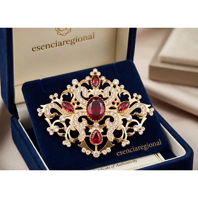 Broche de Baturra Dorado con Piedra Roja Central