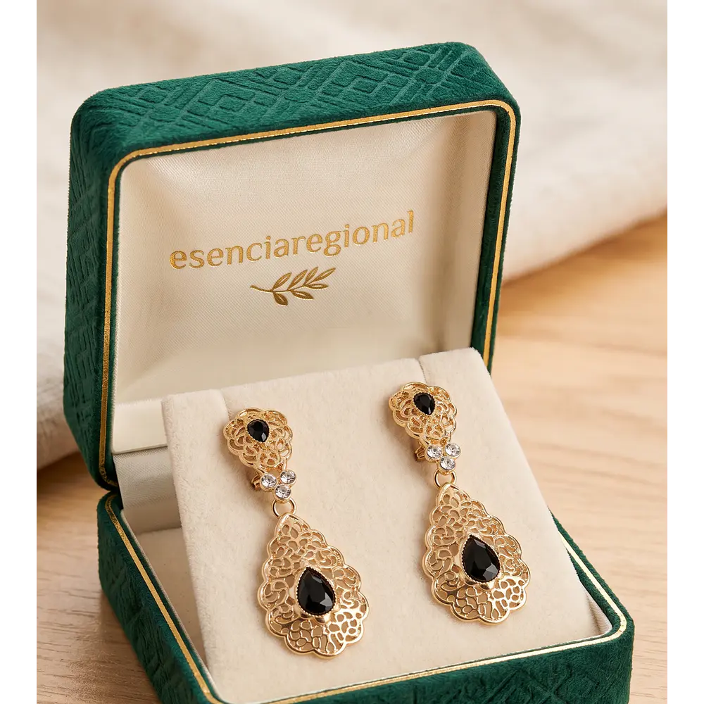 Pendientes de Baturra Dorados con Piedras Negras (Estilo Azabache)