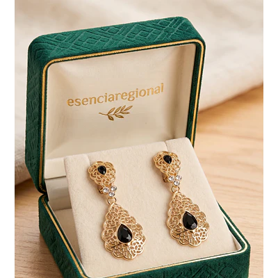 Pendientes de Baturra Dorados con Piedras Negras (Estilo Azabache)